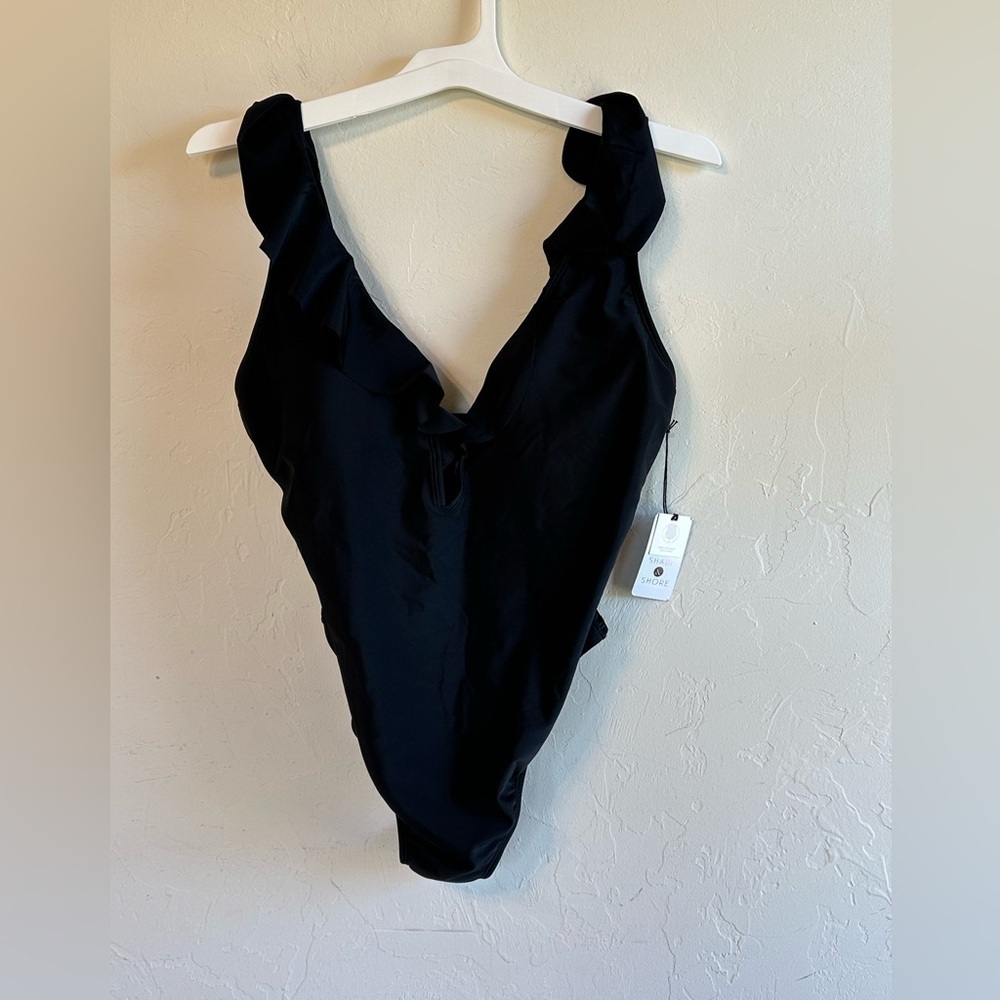NWT Shade & Shore Black V-Neck Ruffle Trim One Piece Swimsuit Sz Lg 12-14